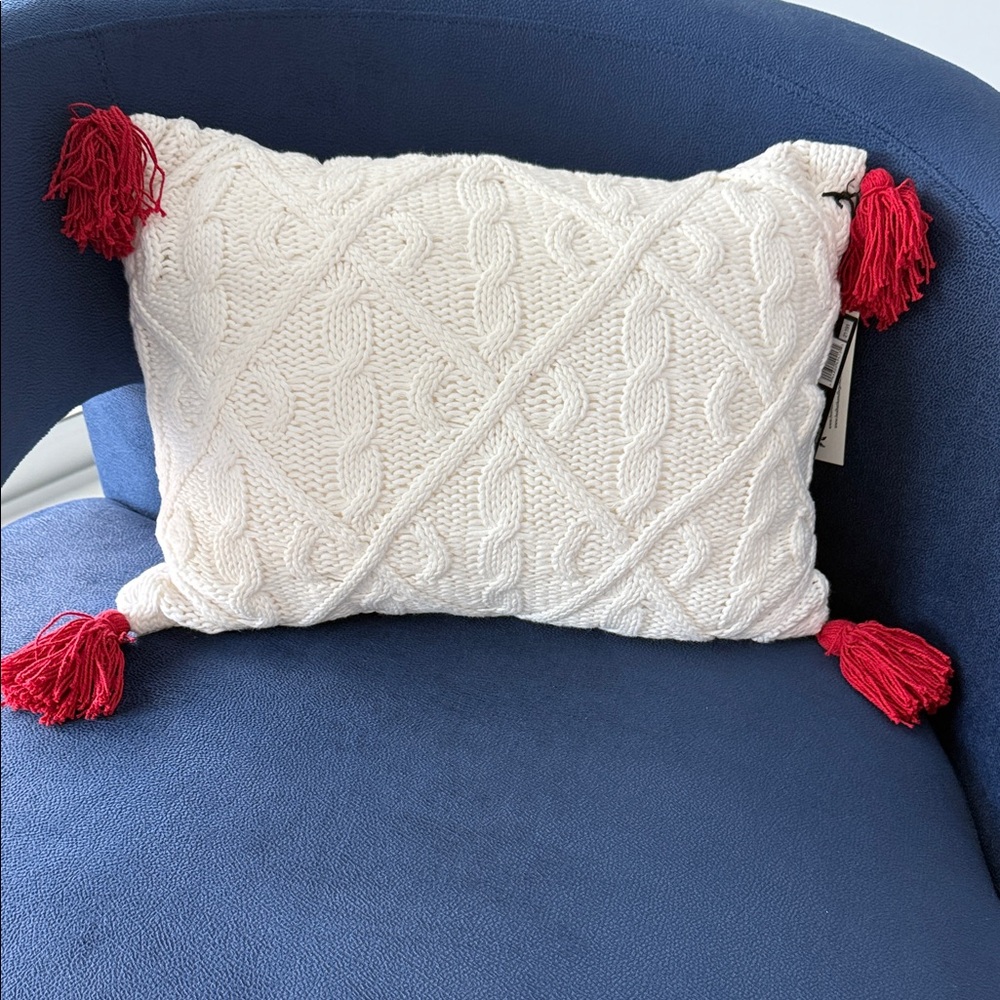 White Cable Knit Diamonds Holiday Throw Pillow with Red Tassels